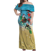 Hawaiian Mele Kalikimaka Off Shoulder Maxi Dress Tropical Xmas Turtles Red Poinsettia Watercolor LT03 Women Multicolor - Polynesian Pride