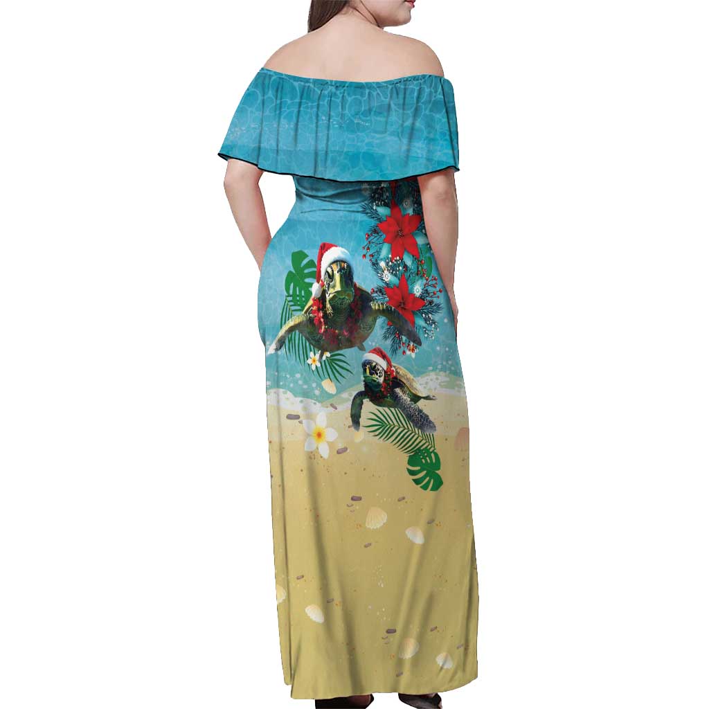Hawaiian Mele Kalikimaka Off Shoulder Maxi Dress Tropical Xmas Turtles Red Poinsettia Watercolor LT03 - Polynesian Pride