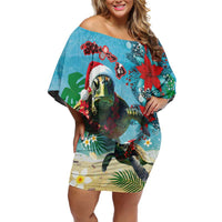 Hawaiian Mele Kalikimaka Off Shoulder Short Dress Tropical Xmas Turtles Red Poinsettia Watercolor LT03 Women Multicolor - Polynesian Pride