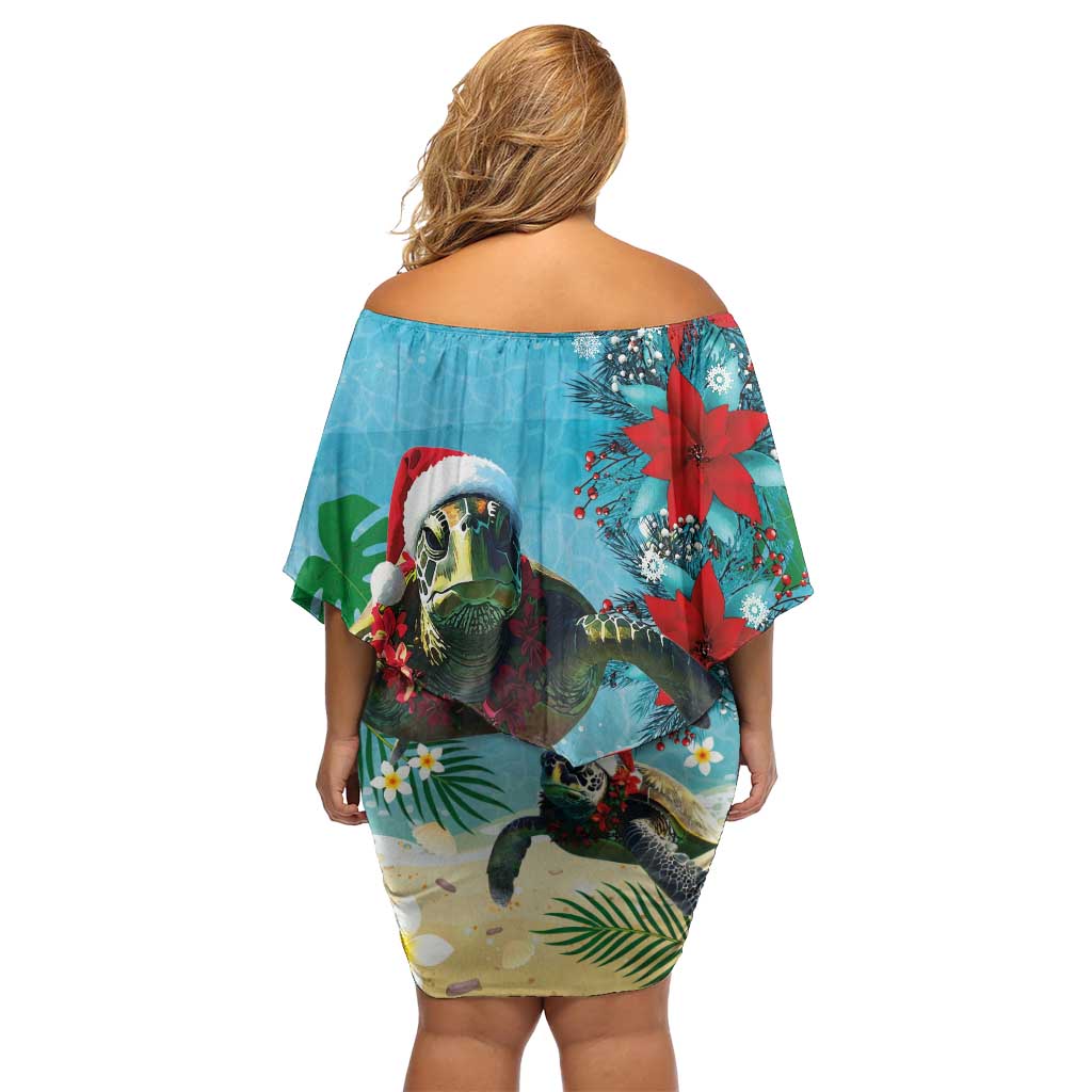 Hawaiian Mele Kalikimaka Off Shoulder Short Dress Tropical Xmas Turtles Red Poinsettia Watercolor LT03 - Polynesian Pride