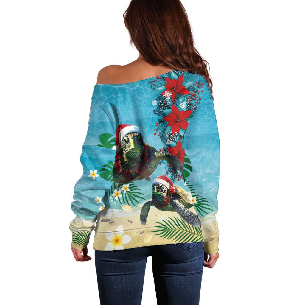 Hawaiian Mele Kalikimaka Off Shoulder Sweater Tropical Xmas Turtles Red Poinsettia Watercolor LT03 - Polynesian Pride