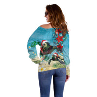 Hawaiian Mele Kalikimaka Off Shoulder Sweater Tropical Xmas Turtles Red Poinsettia Watercolor LT03 - Polynesian Pride