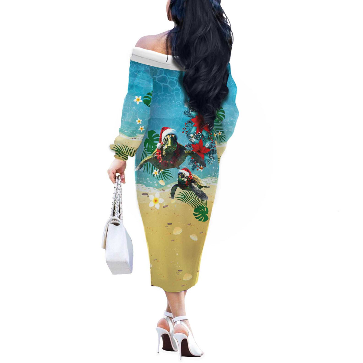 Hawaiian Mele Kalikimaka Off The Shoulder Long Sleeve Dress Tropical Xmas Turtles Red Poinsettia Watercolor LT03 - Polynesian Pride