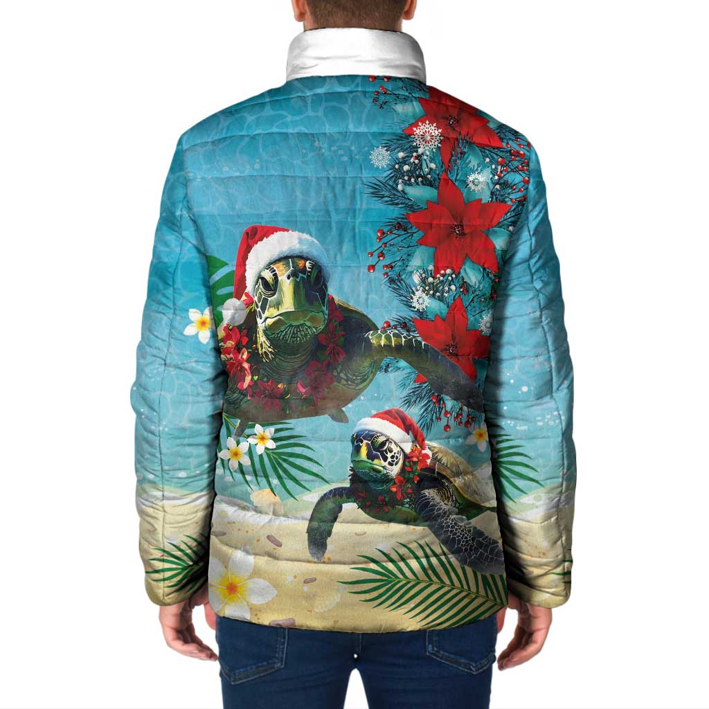Hawaiian Mele Kalikimaka Padded Jacket Tropical Xmas Turtles Red Poinsettia Watercolor LT03 - Polynesian Pride