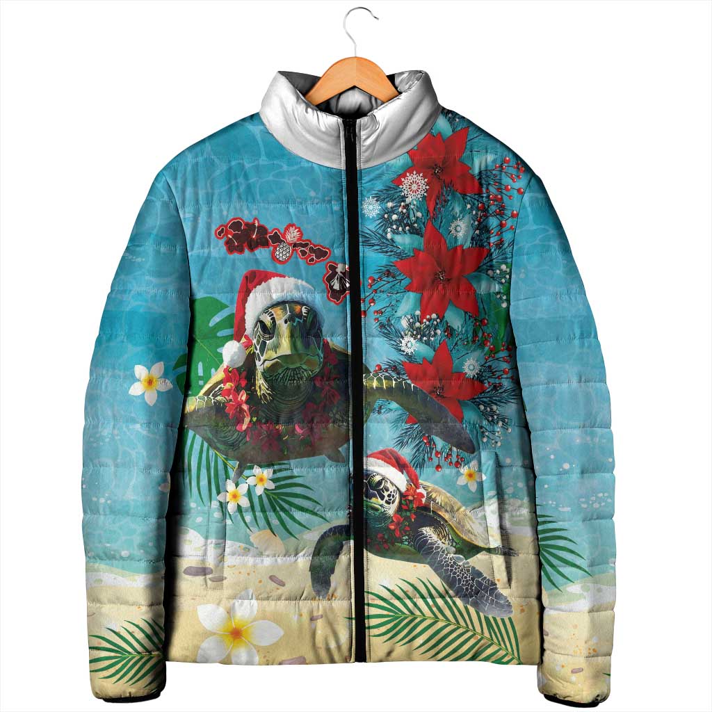 Hawaiian Mele Kalikimaka Padded Jacket Tropical Xmas Turtles Red Poinsettia Watercolor LT03 - Polynesian Pride