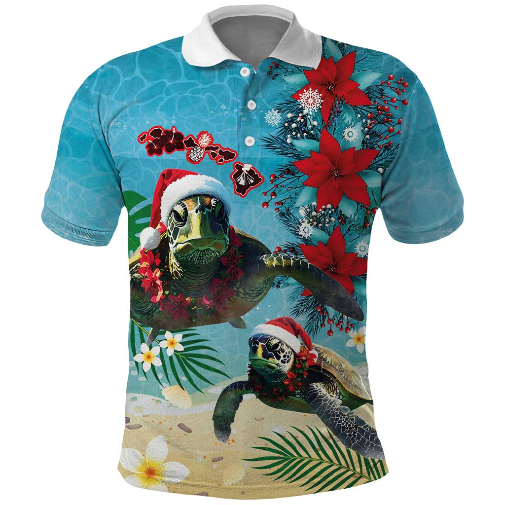 Hawaiian Mele Kalikimaka Polo Shirt Tropical Xmas Turtles Red Poinsettia Watercolor LT03 Multicolor - Polynesian Pride