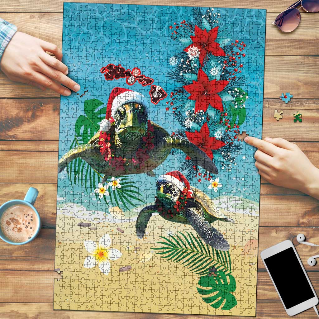 Hawaiian Mele Kalikimaka Puzzle Tropical Xmas Turtles Red Poinsettia Watercolor LT03 Multicolor - Polynesian Pride