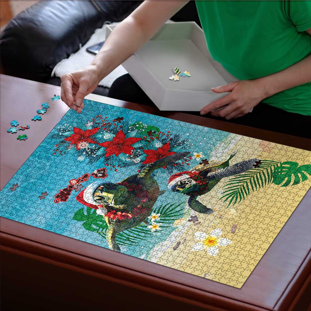 Hawaiian Mele Kalikimaka Puzzle Tropical Xmas Turtles Red Poinsettia Watercolor LT03 - Polynesian Pride