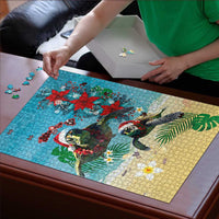 Hawaiian Mele Kalikimaka Puzzle Tropical Xmas Turtles Red Poinsettia Watercolor LT03 - Polynesian Pride