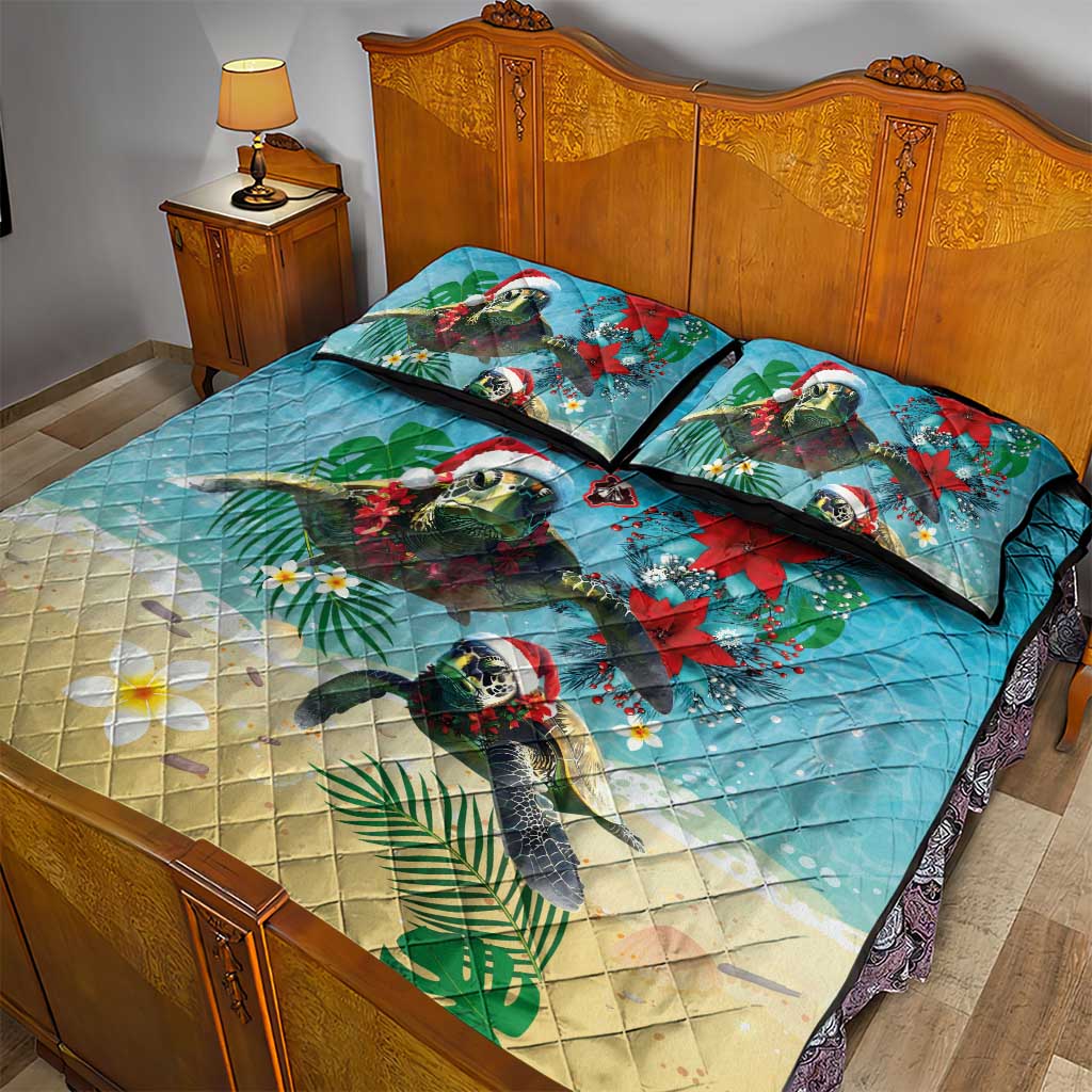 Hawaiian Mele Kalikimaka Quilt Bed Set Tropical Xmas Turtles Red Poinsettia Watercolor LT03 - Polynesian Pride