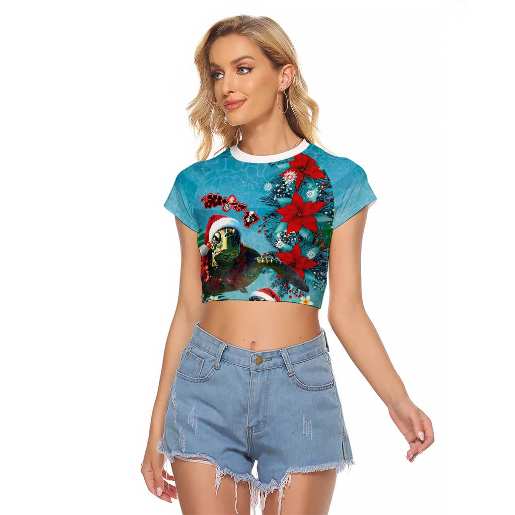 Hawaiian Mele Kalikimaka Raglan Cropped T Shirt Tropical Xmas Turtles Red Poinsettia Watercolor LT03 Female Multicolor - Polynesian Pride
