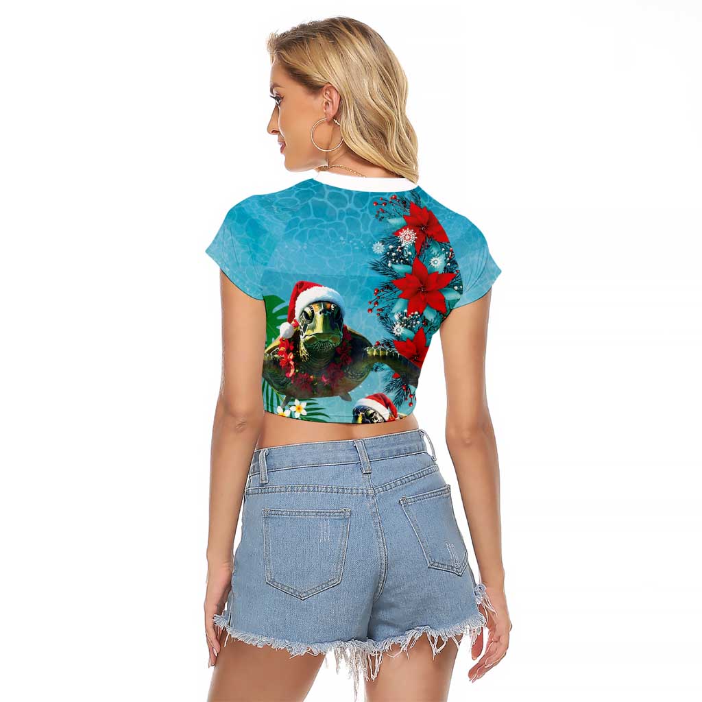 Hawaiian Mele Kalikimaka Raglan Cropped T Shirt Tropical Xmas Turtles Red Poinsettia Watercolor LT03 - Polynesian Pride