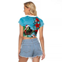 Hawaiian Mele Kalikimaka Raglan Cropped T Shirt Tropical Xmas Turtles Red Poinsettia Watercolor LT03 - Polynesian Pride