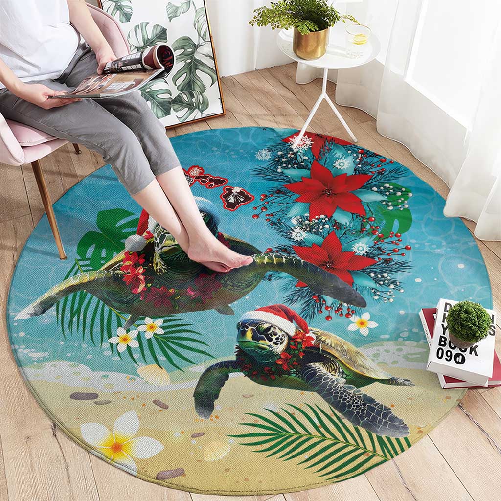 Hawaiian Mele Kalikimaka Round Carpet Tropical Xmas Turtles Red Poinsettia Watercolor LT03 - Polynesian Pride