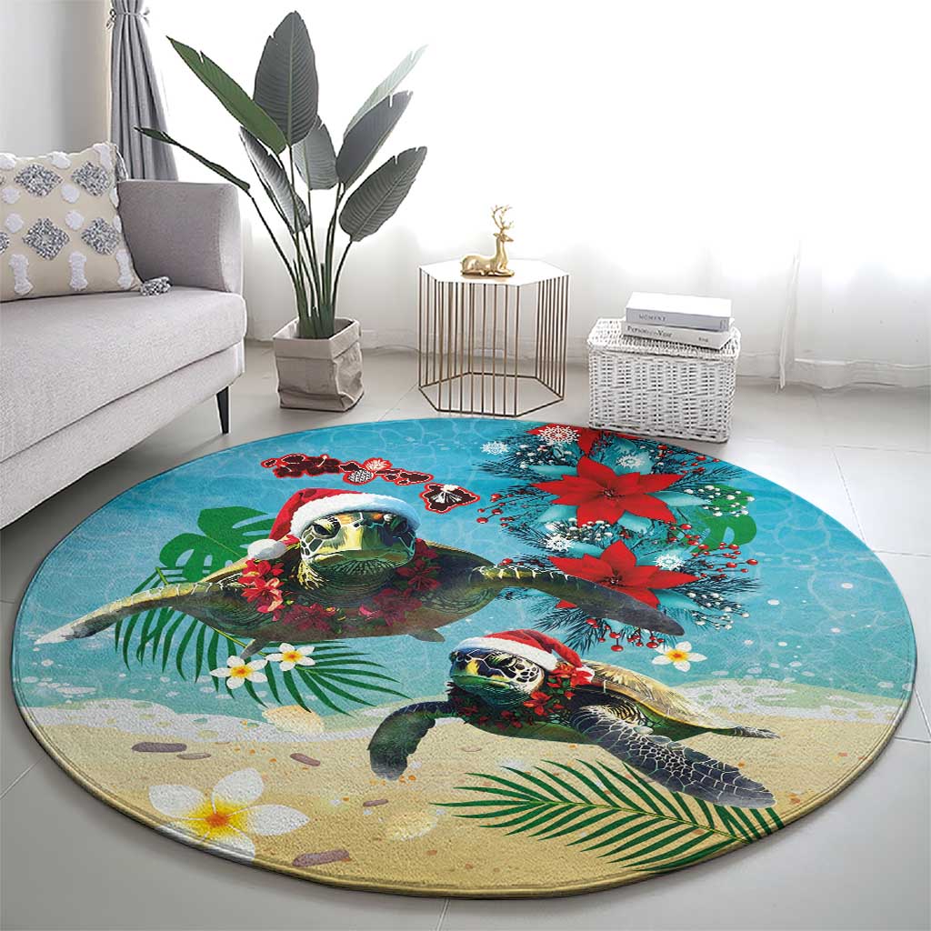 Hawaiian Mele Kalikimaka Round Carpet Tropical Xmas Turtles Red Poinsettia Watercolor LT03 - Polynesian Pride