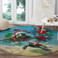 Hawaiian Mele Kalikimaka Round Carpet Tropical Xmas Turtles Red Poinsettia Watercolor LT03 - Polynesian Pride