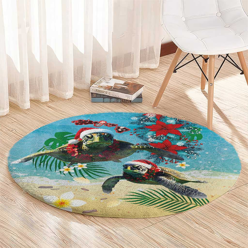 Hawaiian Mele Kalikimaka Round Carpet Tropical Xmas Turtles Red Poinsettia Watercolor LT03 - Polynesian Pride