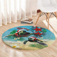 Hawaiian Mele Kalikimaka Round Carpet Tropical Xmas Turtles Red Poinsettia Watercolor LT03 - Polynesian Pride