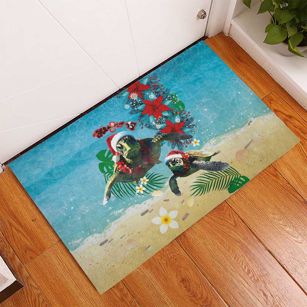 Hawaiian Mele Kalikimaka Rubber Doormat Tropical Xmas Turtles Red Poinsettia Watercolor LT03 - Polynesian Pride
