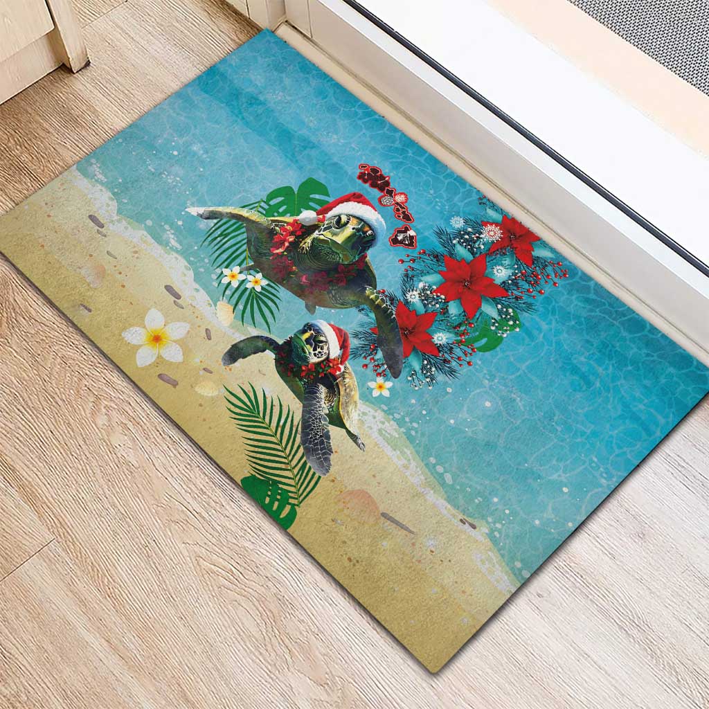 Hawaiian Mele Kalikimaka Rubber Doormat Tropical Xmas Turtles Red Poinsettia Watercolor LT03 - Polynesian Pride