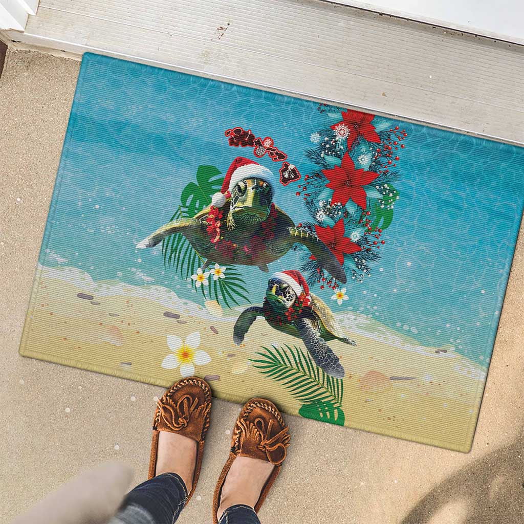 Hawaiian Mele Kalikimaka Rubber Doormat Tropical Xmas Turtles Red Poinsettia Watercolor LT03 - Polynesian Pride