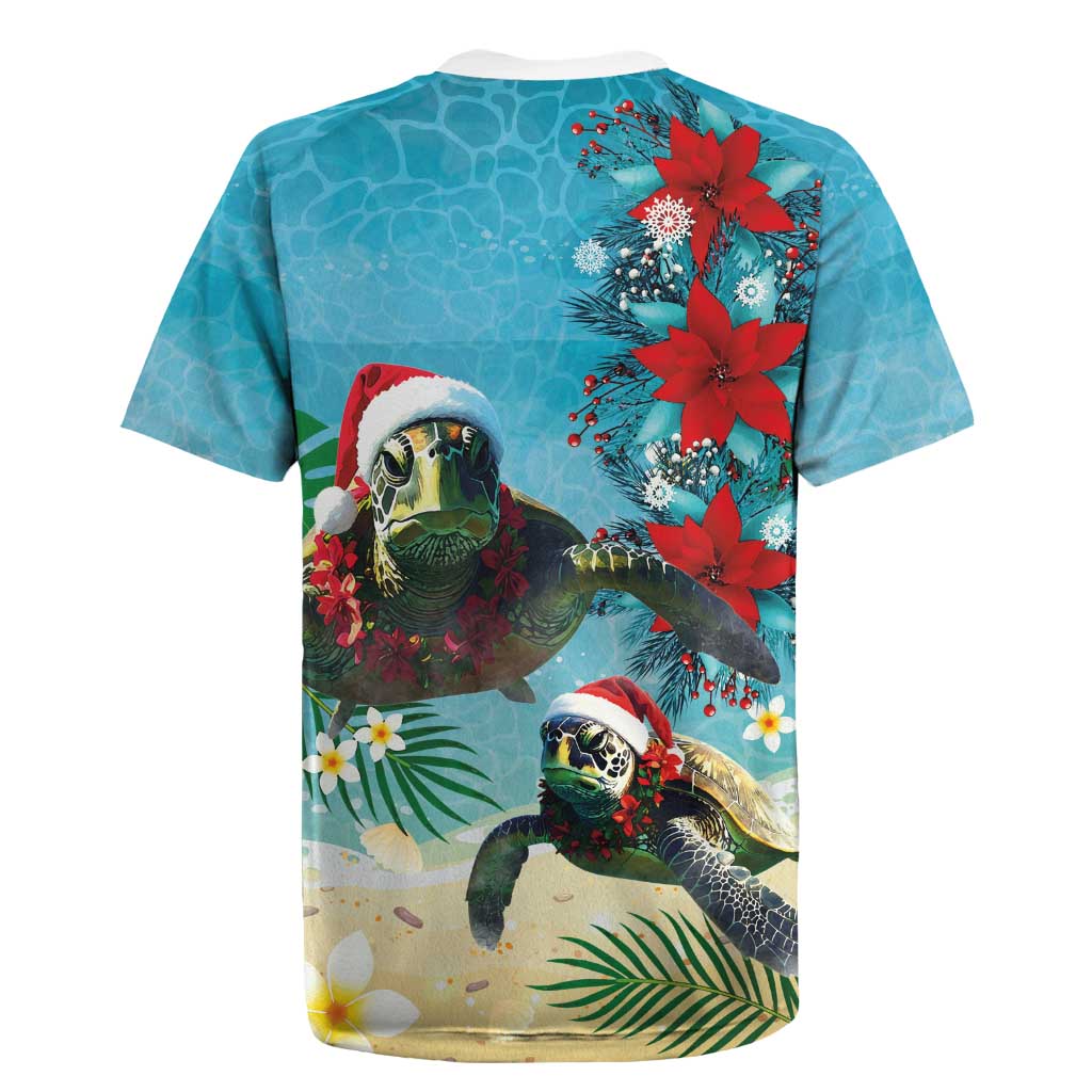 Hawaiian Mele Kalikimaka Rugby Jersey Tropical Xmas Turtles Red Poinsettia Watercolor LT03 - Polynesian Pride