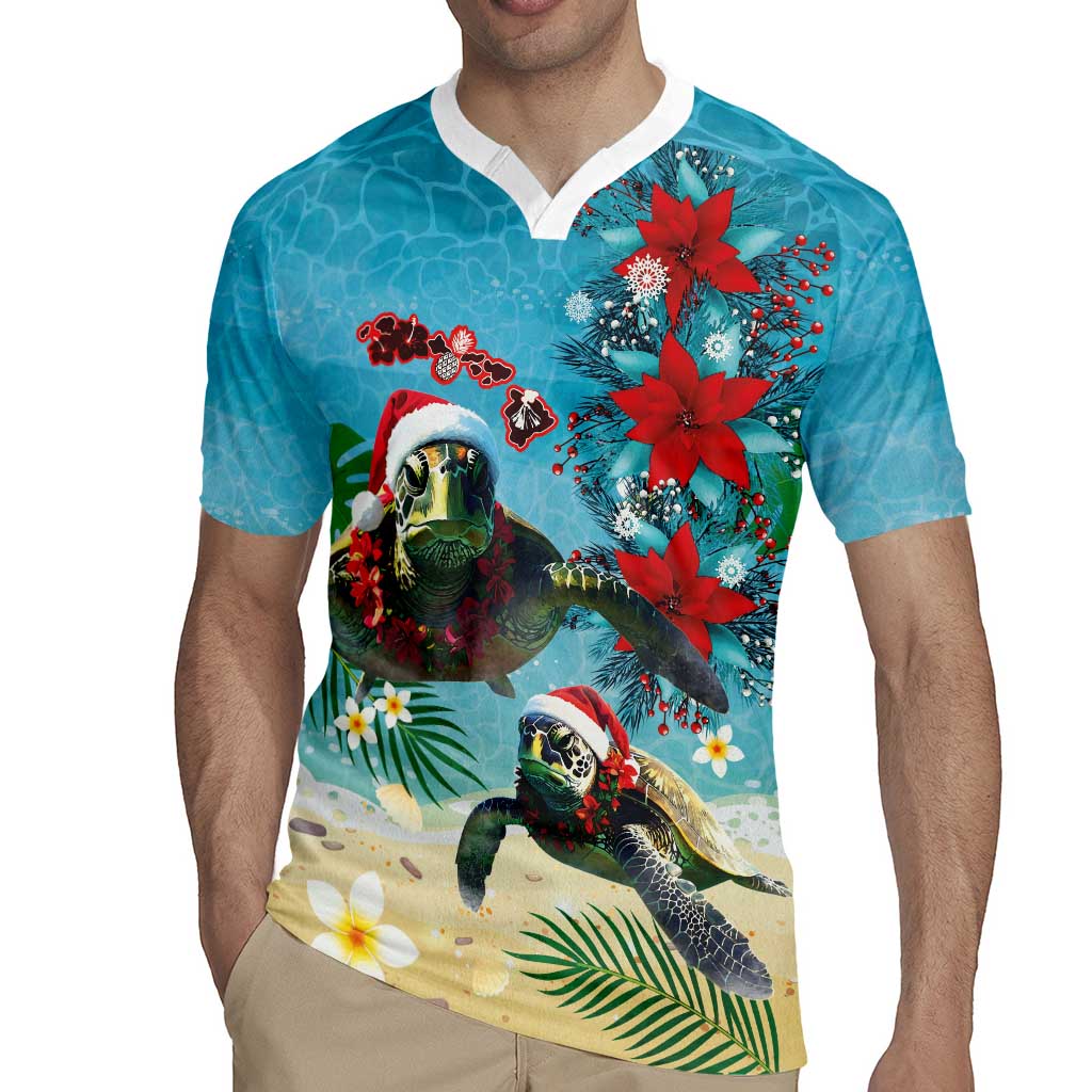 Hawaiian Mele Kalikimaka Rugby Jersey Tropical Xmas Turtles Red Poinsettia Watercolor LT03 - Polynesian Pride