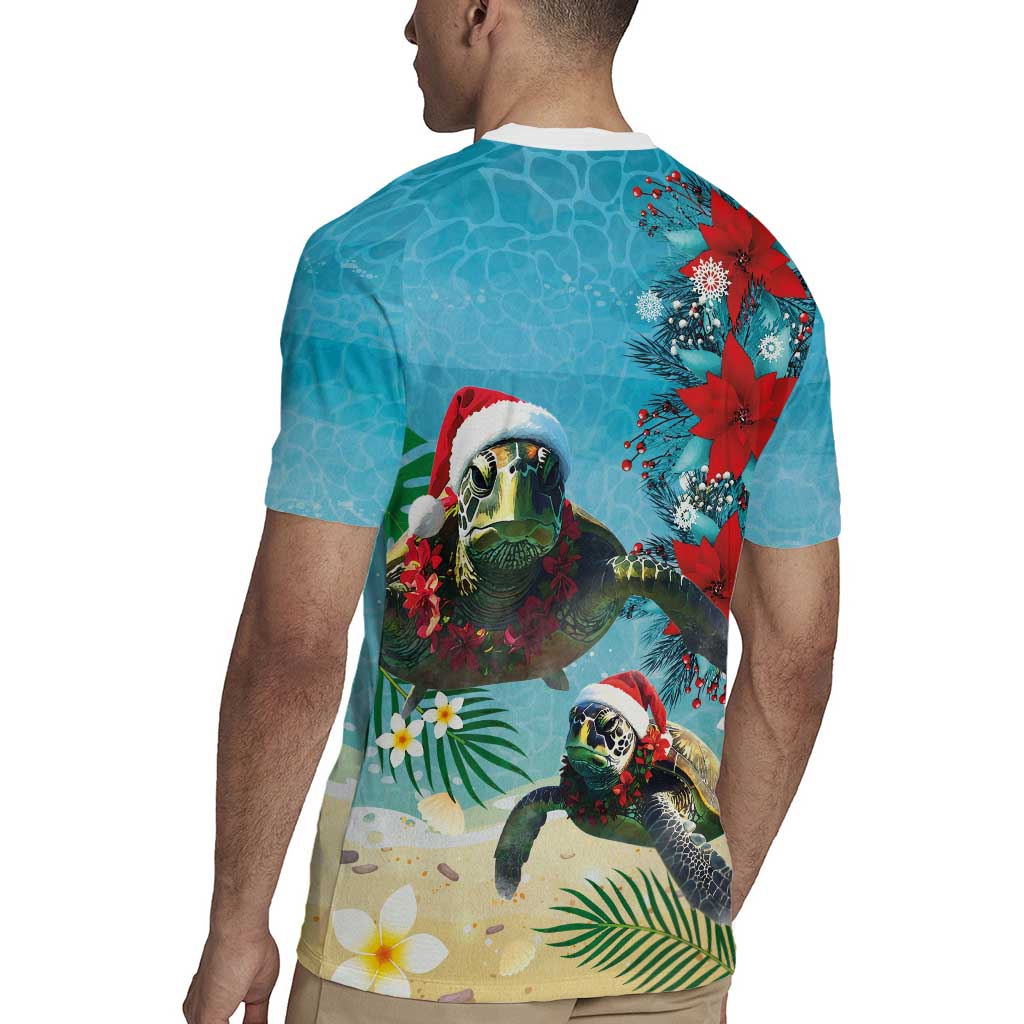 Hawaiian Mele Kalikimaka Rugby Jersey Tropical Xmas Turtles Red Poinsettia Watercolor LT03 - Polynesian Pride