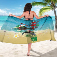 Hawaiian Mele Kalikimaka Sarong Tropical Xmas Turtles Red Poinsettia Watercolor LT03 - Polynesian Pride