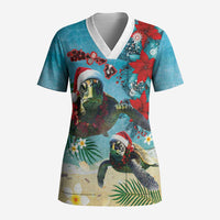 Hawaiian Mele Kalikimaka Scrub Top Tropical Xmas Turtles Red Poinsettia Watercolor LT03 Adult Multicolor - Polynesian Pride