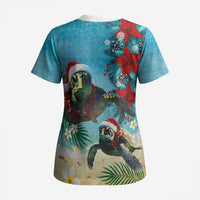 Hawaiian Mele Kalikimaka Scrub Top Tropical Xmas Turtles Red Poinsettia Watercolor LT03 - Polynesian Pride