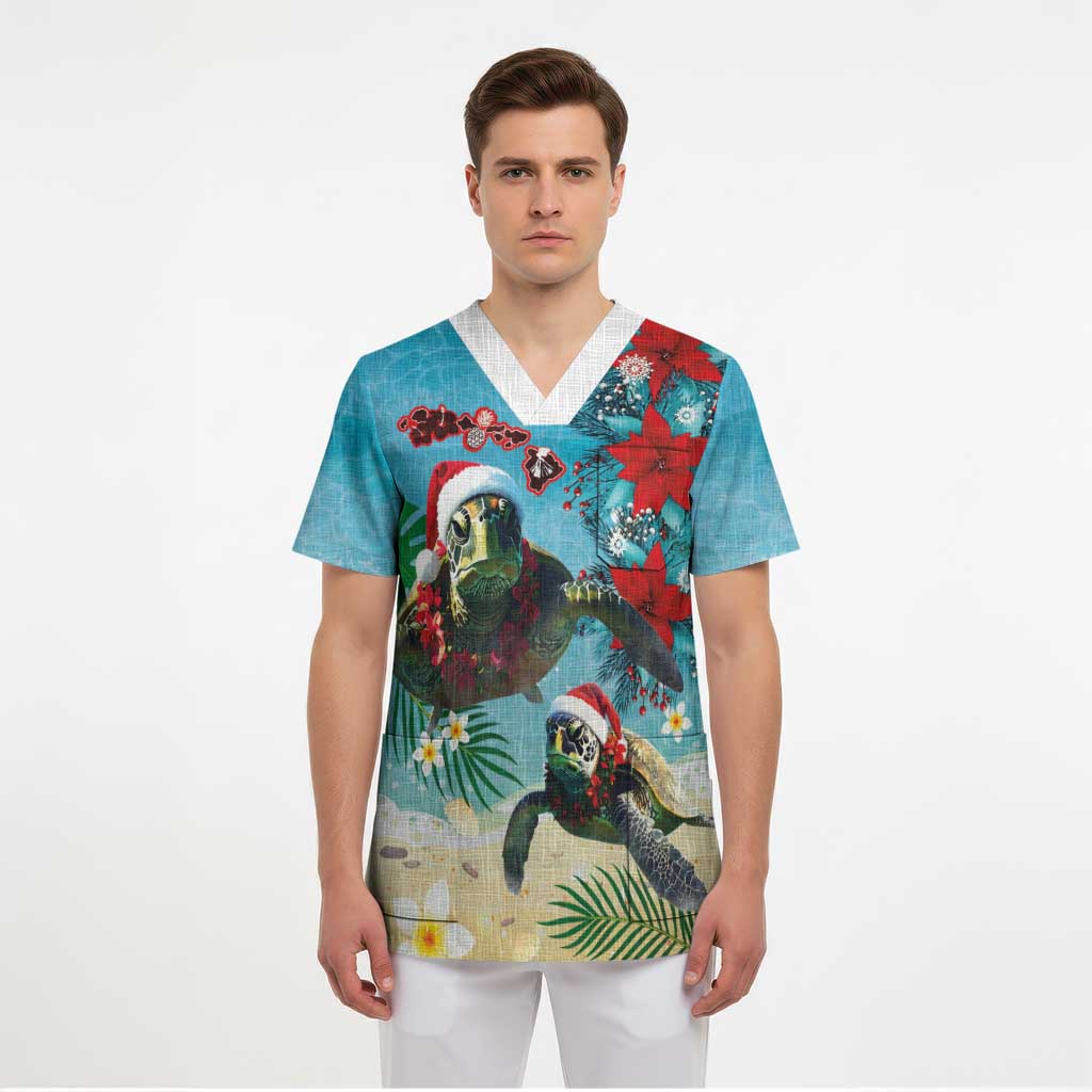 Hawaiian Mele Kalikimaka Scrub Top Tropical Xmas Turtles Red Poinsettia Watercolor LT03 - Polynesian Pride
