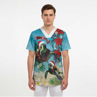 Hawaiian Mele Kalikimaka Scrub Top Tropical Xmas Turtles Red Poinsettia Watercolor LT03 - Polynesian Pride