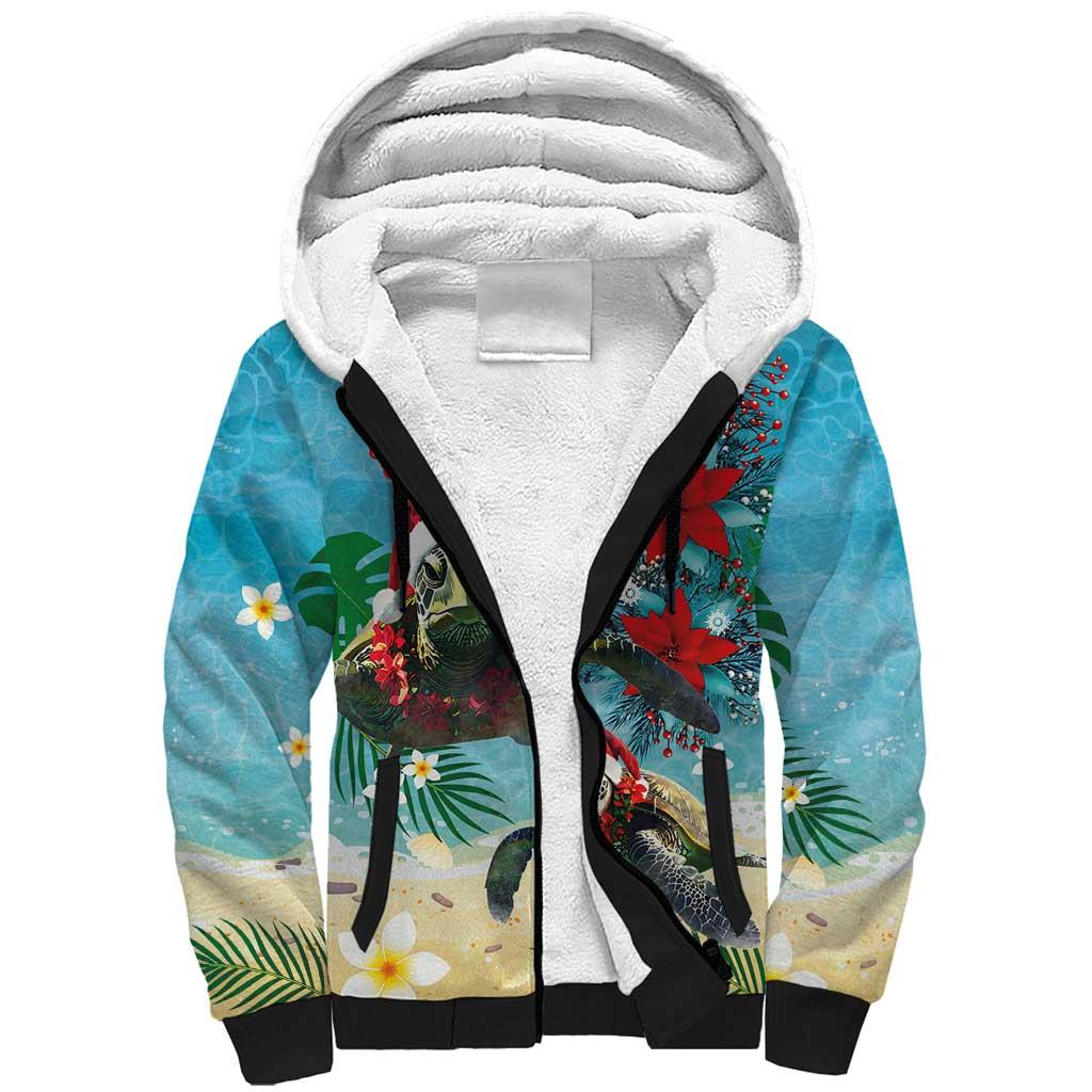 Hawaiian Mele Kalikimaka Sherpa Hoodie Tropical Xmas Turtles Red Poinsettia Watercolor LT03 Unisex Multicolor - Polynesian Pride