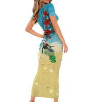 Hawaiian Mele Kalikimaka Short Sleeve Bodycon Dress Tropical Xmas Turtles Red Poinsettia Watercolor LT03 - Polynesian Pride
