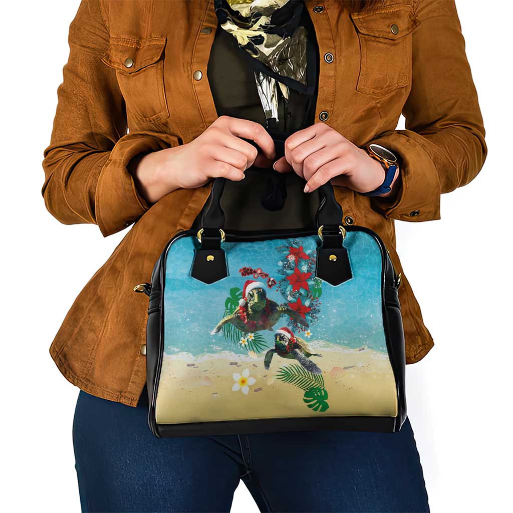Hawaiian Mele Kalikimaka Shoulder Handbag Tropical Xmas Turtles Red Poinsettia Watercolor LT03 - Polynesian Pride