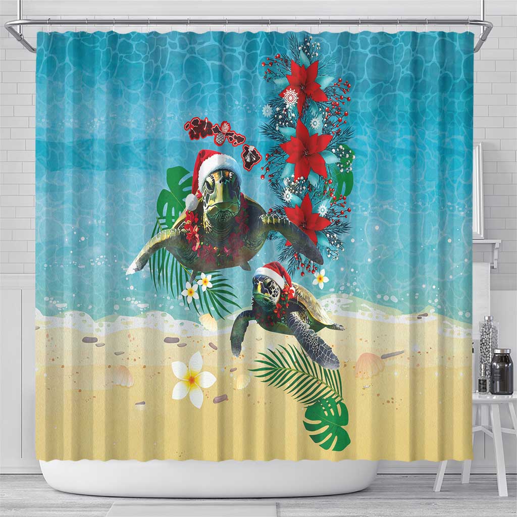 Hawaiian Mele Kalikimaka Shower Curtain Tropical Xmas Turtles Red Poinsettia Watercolor LT03 - Polynesian Pride