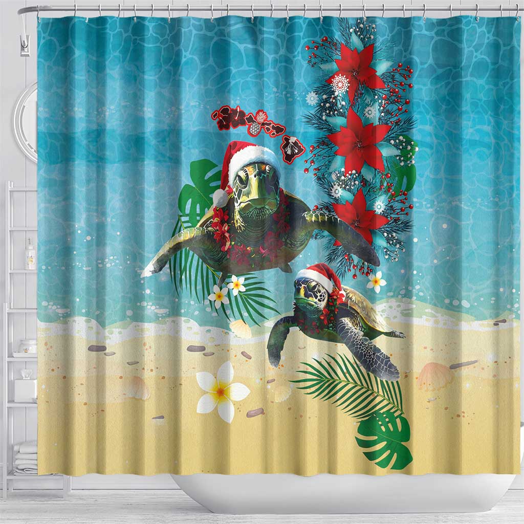 Hawaiian Mele Kalikimaka Shower Curtain Tropical Xmas Turtles Red Poinsettia Watercolor LT03 - Polynesian Pride