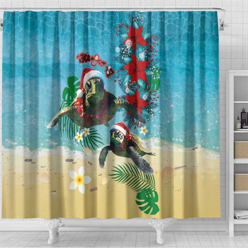 Hawaiian Mele Kalikimaka Shower Curtain Tropical Xmas Turtles Red Poinsettia Watercolor LT03 - Polynesian Pride