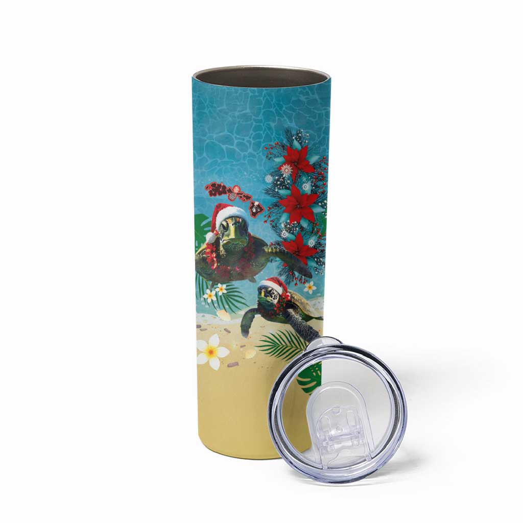 Hawaiian Mele Kalikimaka Skinny Tumbler Tropical Xmas Turtles Red Poinsettia Watercolor LT03 - Polynesian Pride