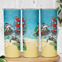 Hawaiian Mele Kalikimaka Skinny Tumbler Tropical Xmas Turtles Red Poinsettia Watercolor LT03 - Polynesian Pride