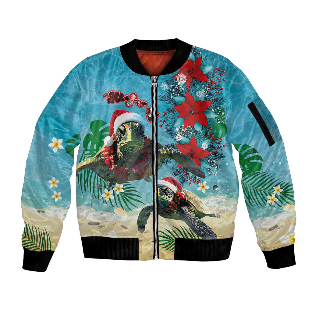 Hawaiian Mele Kalikimaka Sleeve Zip Bomber Jacket Tropical Xmas Turtles Red Poinsettia Watercolor LT03 Unisex Multicolor - Polynesian Pride