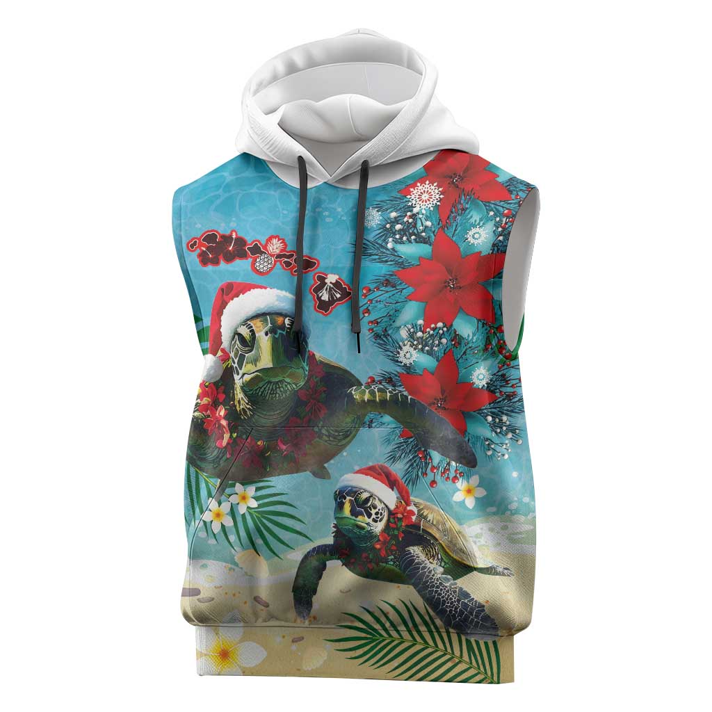 Hawaiian Mele Kalikimaka Sleeveless Hoodie Tropical Xmas Turtles Red Poinsettia Watercolor LT03 Multicolor - Polynesian Pride