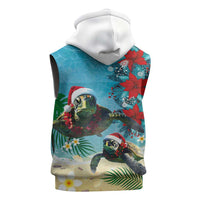 Hawaiian Mele Kalikimaka Sleeveless Hoodie Tropical Xmas Turtles Red Poinsettia Watercolor LT03 - Polynesian Pride