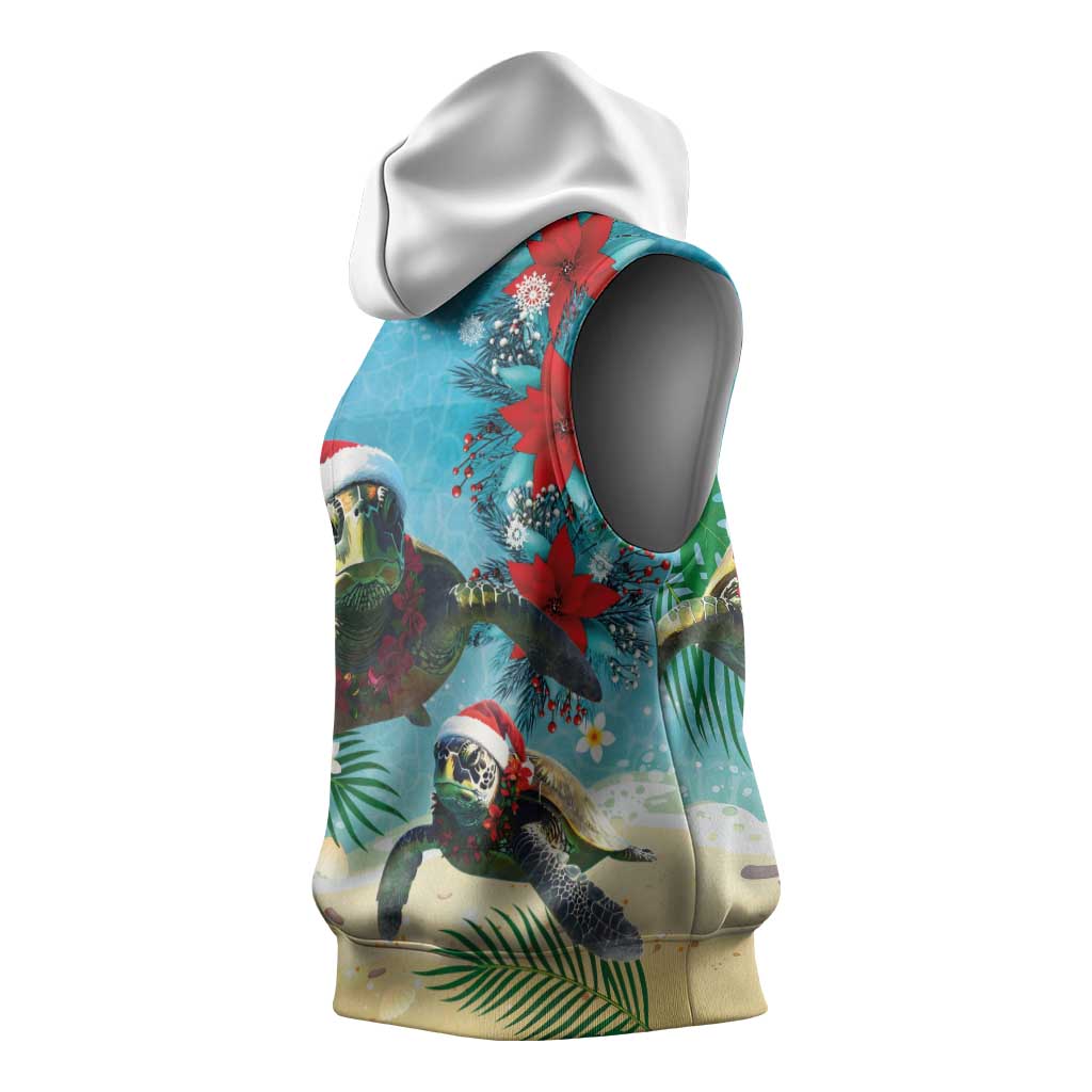 Hawaiian Mele Kalikimaka Sleeveless Hoodie Tropical Xmas Turtles Red Poinsettia Watercolor LT03 - Polynesian Pride