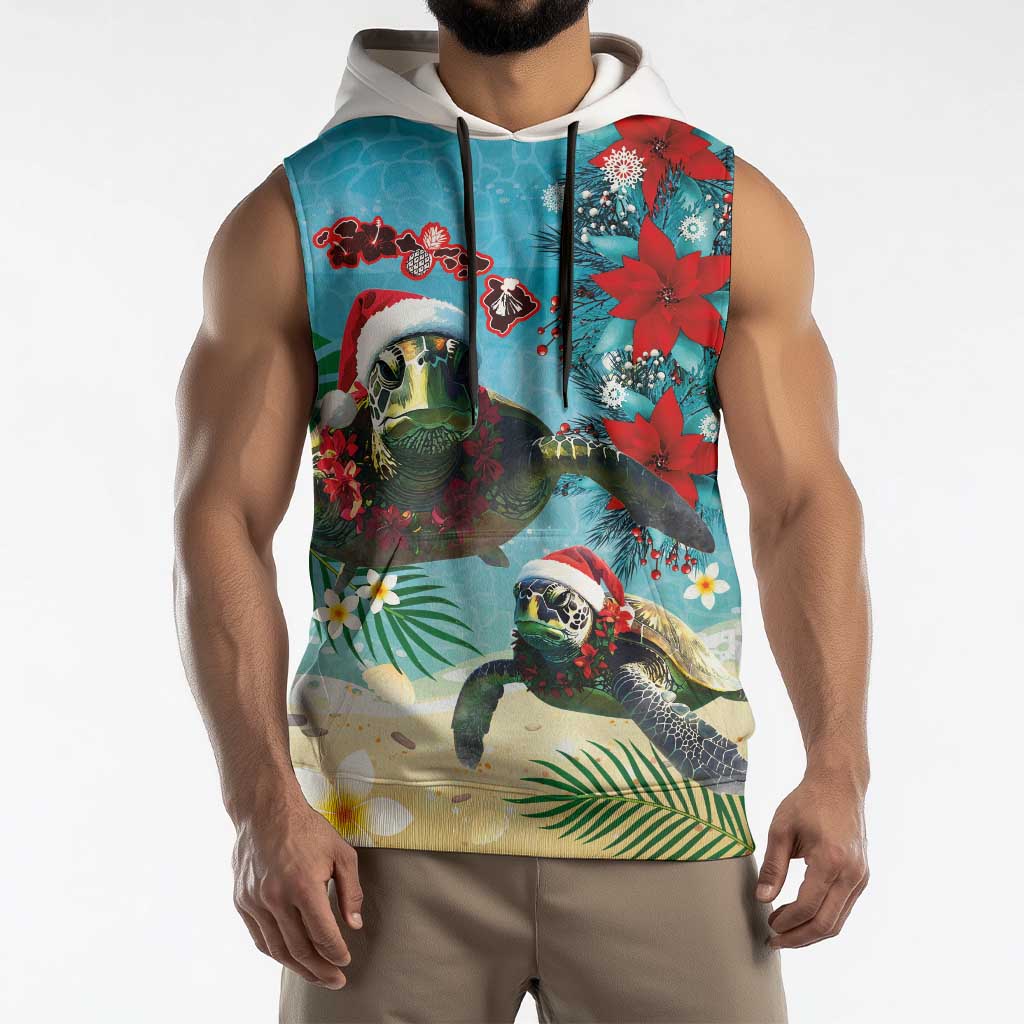 Hawaiian Mele Kalikimaka Sleeveless Hoodie Tropical Xmas Turtles Red Poinsettia Watercolor LT03 - Polynesian Pride