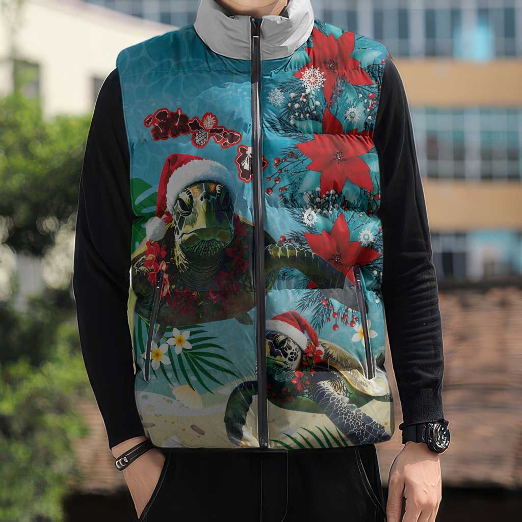 Hawaiian Mele Kalikimaka Sleeveless Puffer Jacket Tropical Xmas Turtles Red Poinsettia Watercolor LT03 - Polynesian Pride