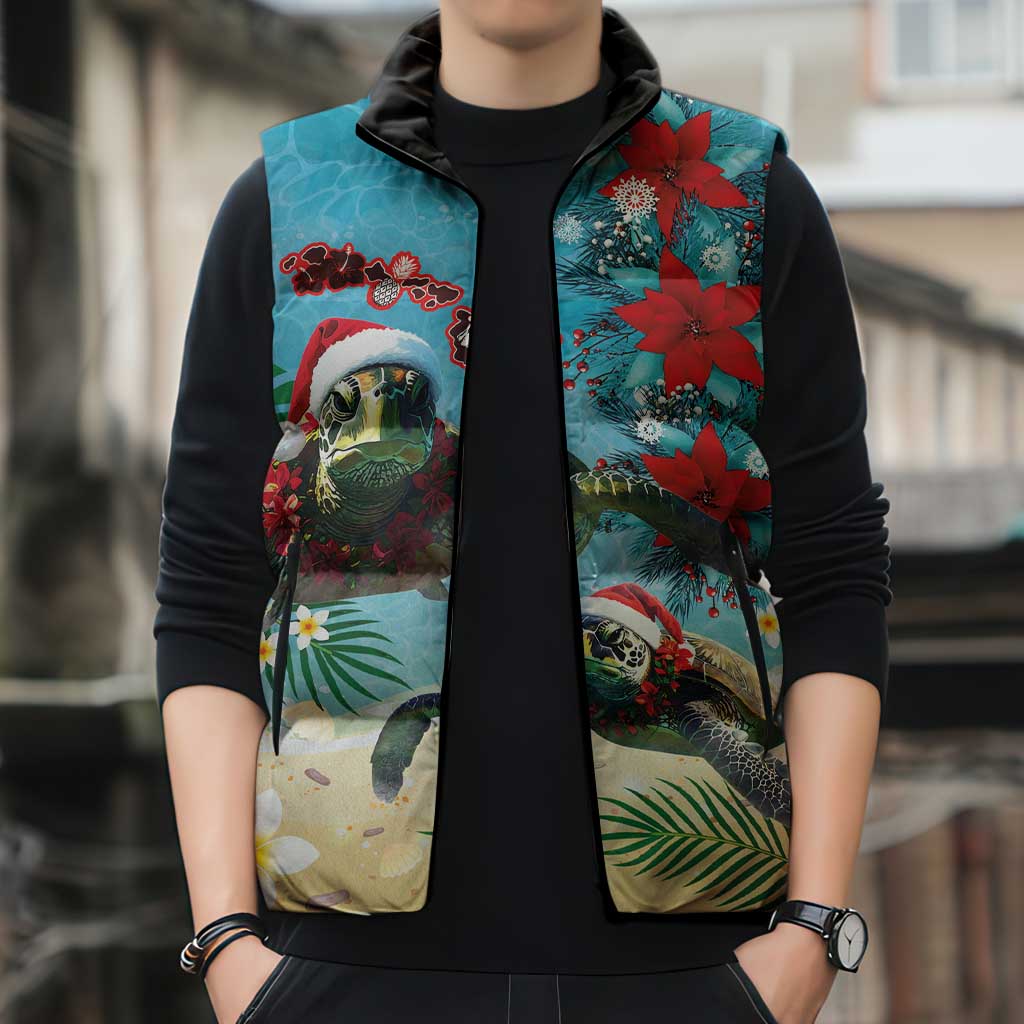 Hawaiian Mele Kalikimaka Sleeveless Puffer Jacket Tropical Xmas Turtles Red Poinsettia Watercolor LT03 - Polynesian Pride