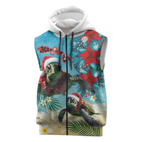 Hawaiian Mele Kalikimaka Sleeveless Zip Hoodie Tropical Xmas Turtles Red Poinsettia Watercolor LT03 Multicolor - Polynesian Pride