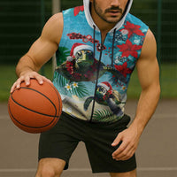 Hawaiian Mele Kalikimaka Sleeveless Zip Hoodie Tropical Xmas Turtles Red Poinsettia Watercolor LT03 - Polynesian Pride